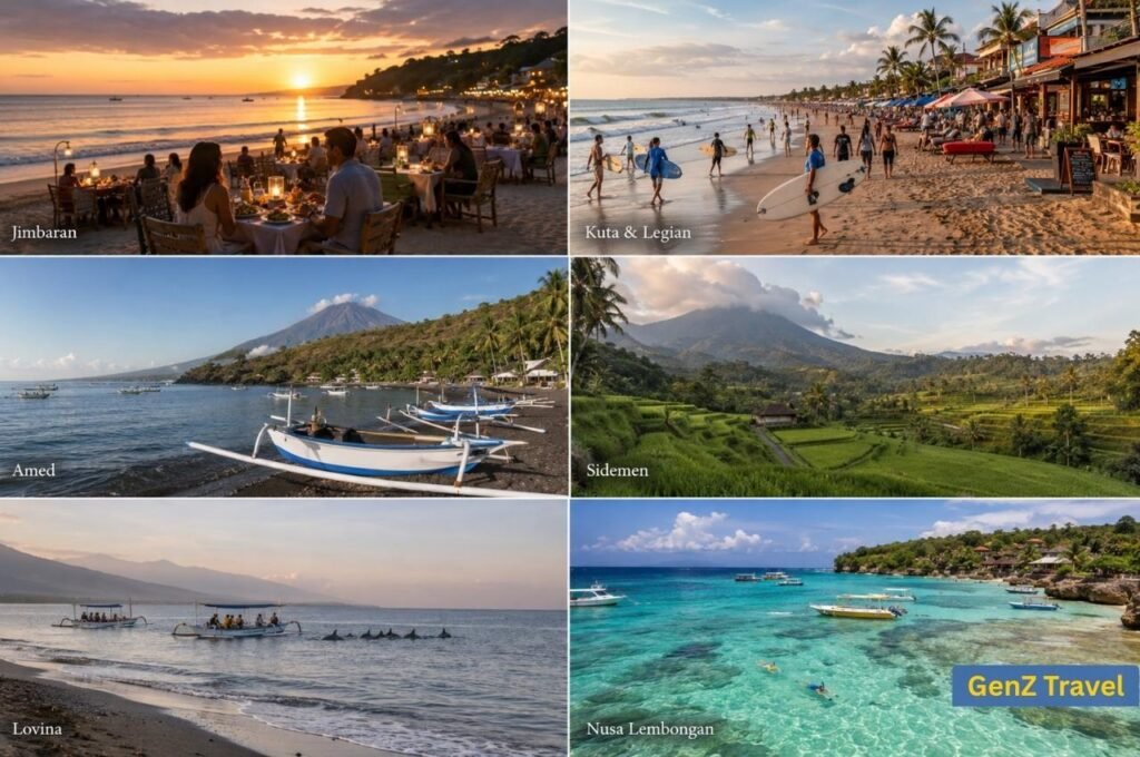 Collage of Jimbaran, Kuta, Legian, Amed, Sidemen, Lovina and Nusa Lembongan in Bali