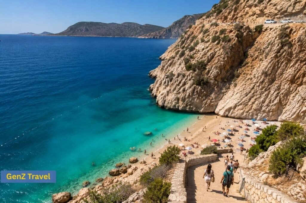 Kaputaş Beach between Kaş and Kalkan with turquoise water, limestone cliffs and steps leading to the cove