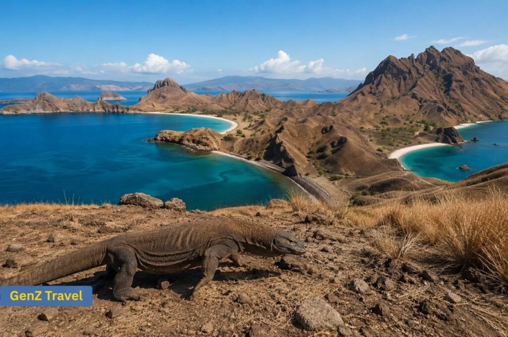 Komodo dragon overlooking rugged islands and turquoise bays in Komodo National Park