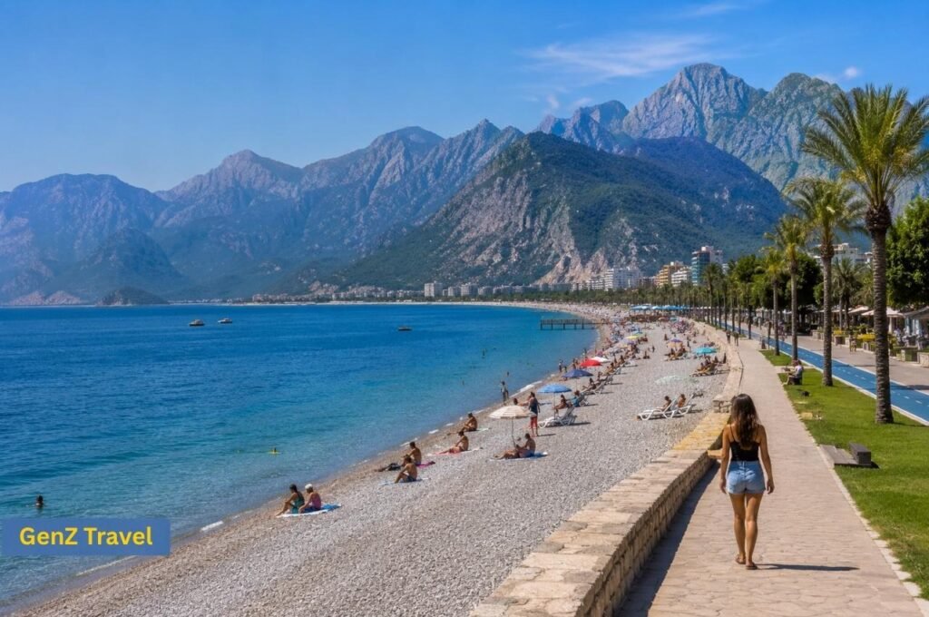 Konyaaltı Beach promenade with pebbled shoreline, blue sea, palm trees and the Beydağları mountains