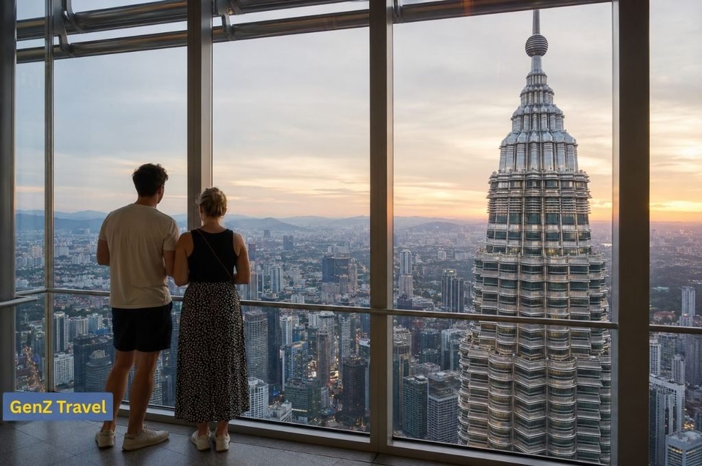 Couple admiring Kuala Lumpur and the Petronas Twin Towers from a high-rise observation deck at sunset.