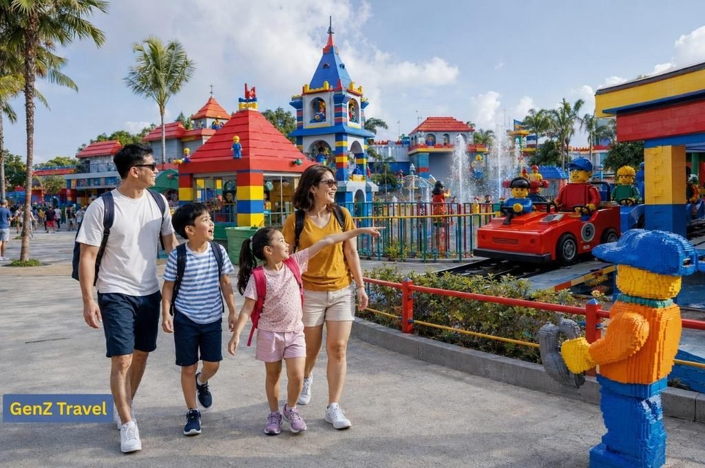 Family with two children exploring colourful rides and attractions at LEGOLAND Malaysia near Johor Bahru.