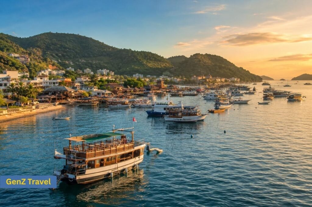 Traditional tour boats in Labuan Bajo harbour at sunset in Flores Indonesia