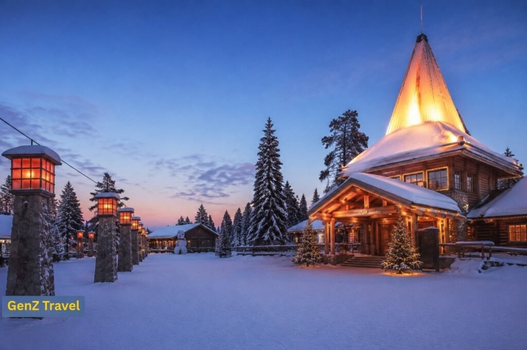Snow-covered Lapland resort with a wooden lodge and warm Christmas lights at dusk
