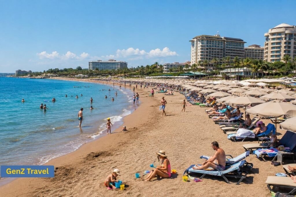 Busy sandy Lara Beach in Antalya with family-friendly water, sun loungers, parasols and beachfront resorts