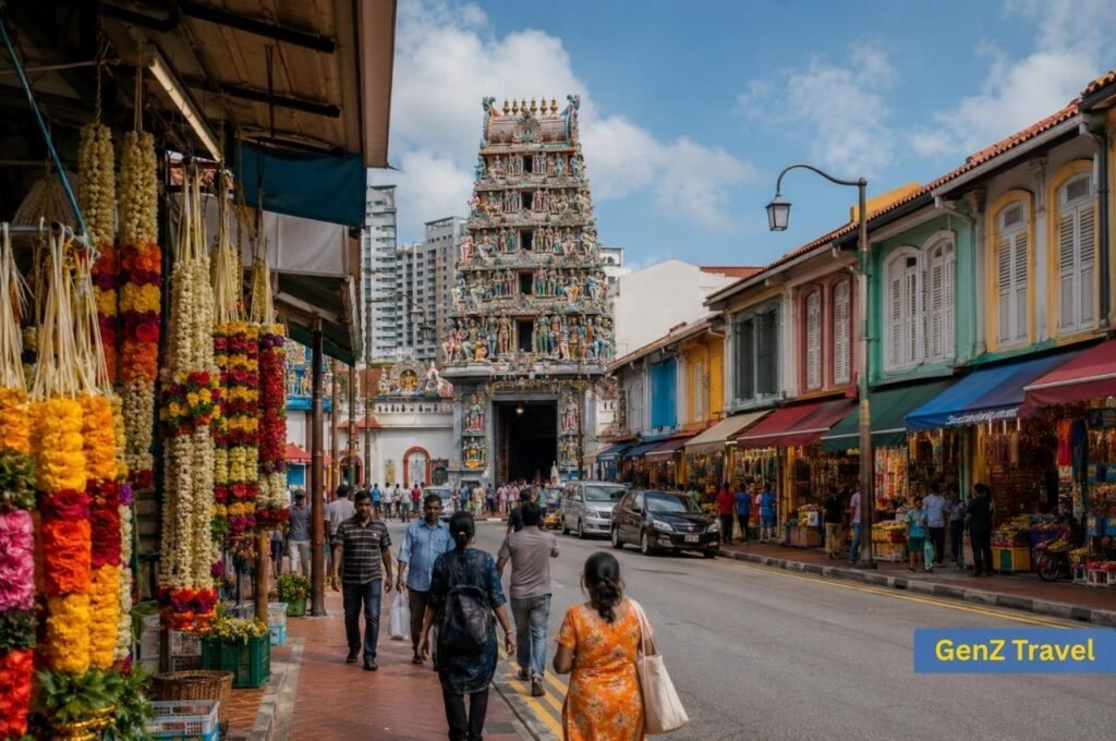 Where to stay in Singapore on a budget, colourful Little India streets with flower stalls and Hindu temple