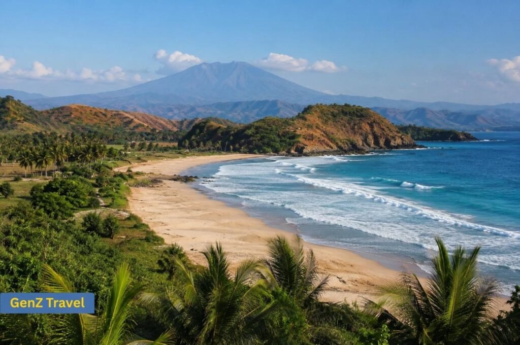 Quiet Lombok beach with tropical palms and Mount Rinjani in the distance