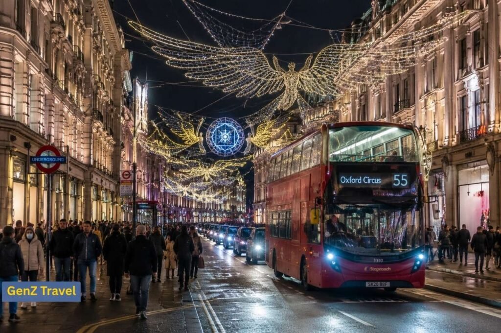London Oxford Street at Christmas with angel lights, a red bus and evening crowds