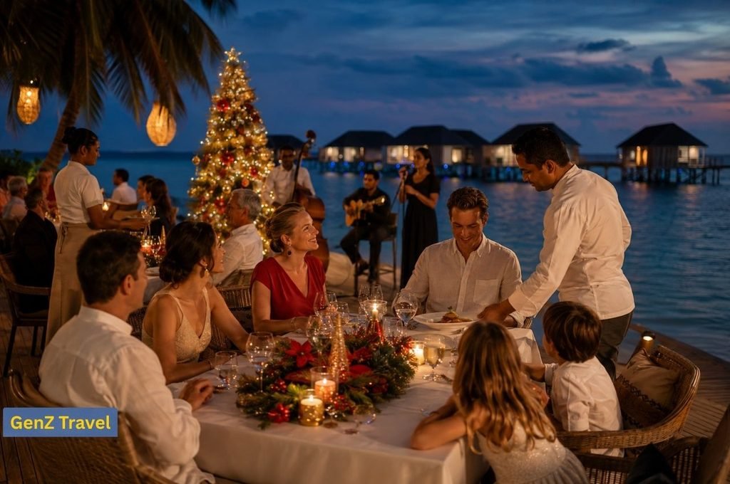 Luxury Maldives Christmas dinner with festive decorations, live music and overwater villas at sunset