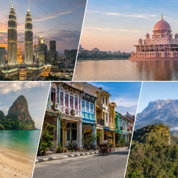 Malaysia holidays collage featuring Kuala Lumpur, Putrajaya, Langkawi, Penang and Mount Kinabalu
