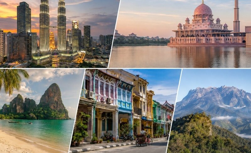 Malaysia holidays collage featuring Kuala Lumpur, Putrajaya, Langkawi, Penang and Mount Kinabalu