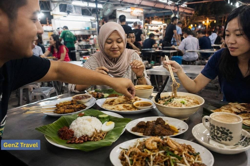 Friends sharing nasi lemak, satay, roti canai, rendang and noodles at a busy Malaysian hawker centre.