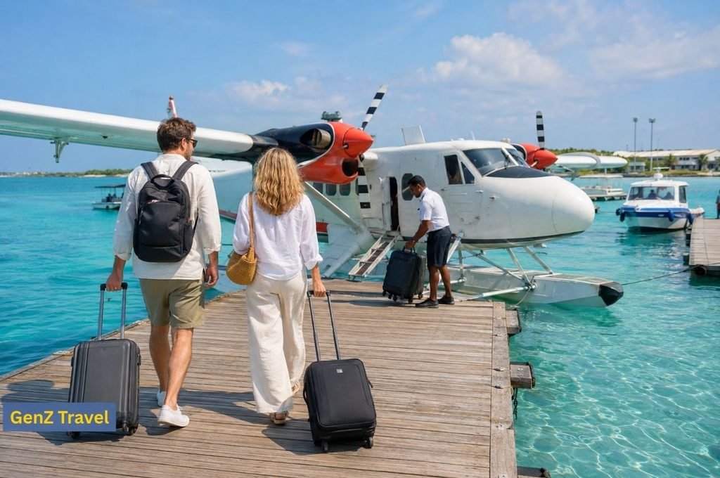 UK travellers boarding a seaplane with luggage for their Maldives resort transfer
