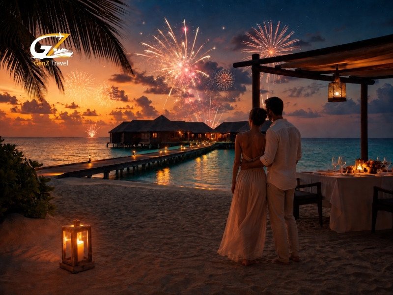 Couple watching Maldives New Year fireworks beside overwater villas and a romantic beach dinner