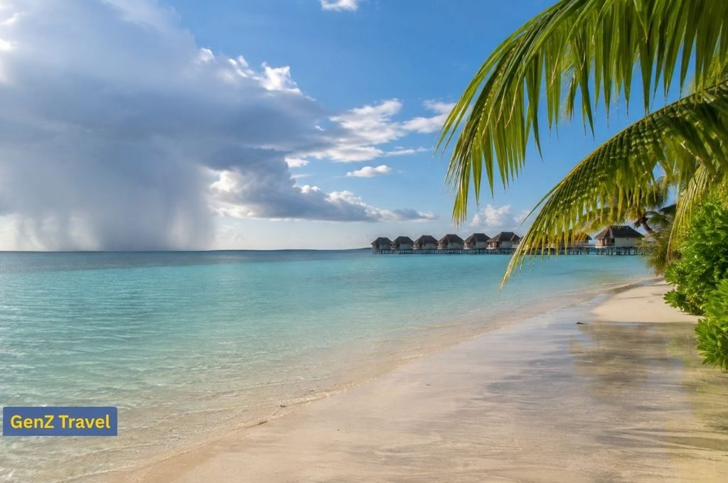 Tropical rain shower approaching a sunny Maldives beach and overwater villas in December