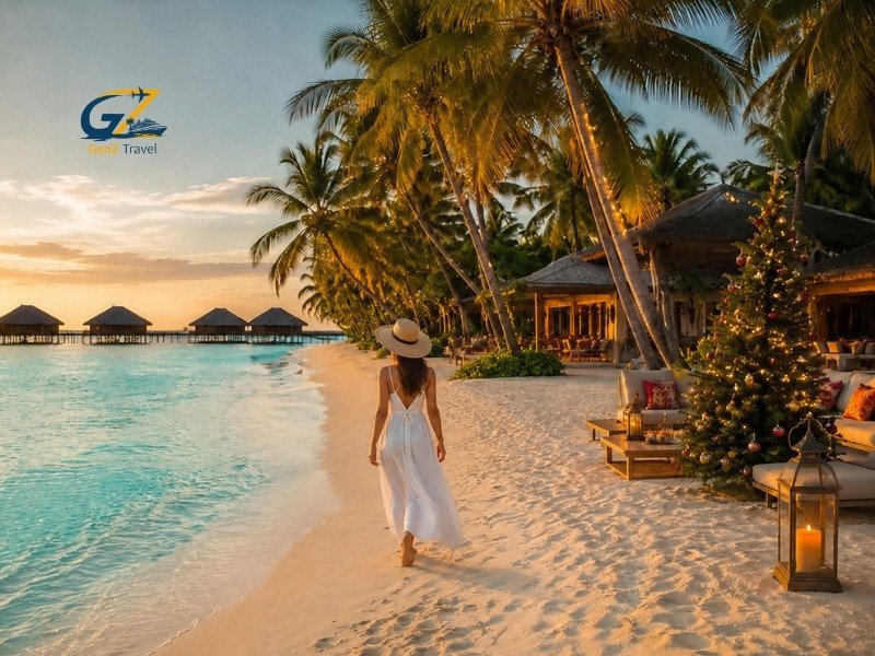 Woman walking along a luxury resort beach in the Maldives at Christmas, with festive lights, a Christmas tree and overwater villas at sunset.