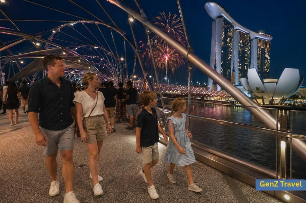Family crossing Helix Bridge during a new year celebration in Singapore
