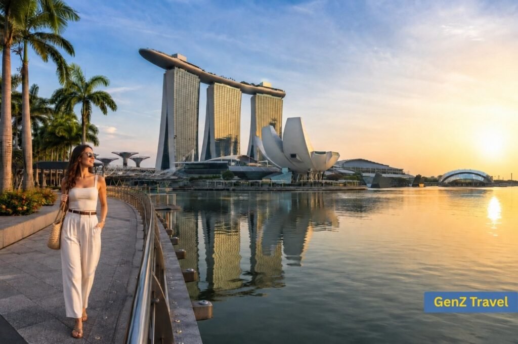 Where to stay in Singapore for first-time visitors, Marina Bay Sands waterfront with a traveller at sunset