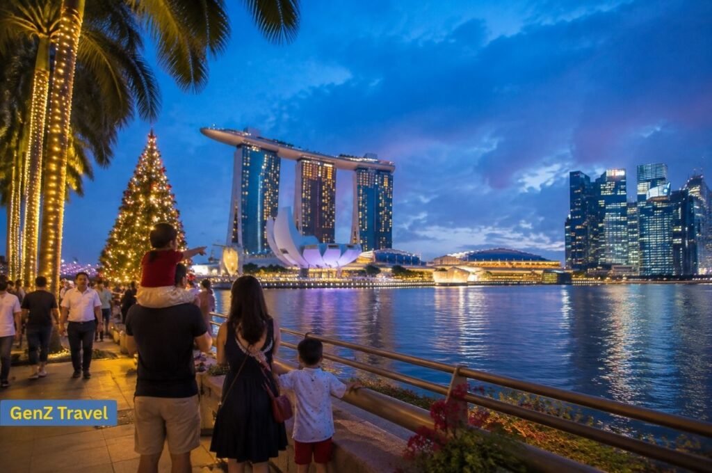 Family enjoying Christmas in Singapore with Marina Bay skyline and festive lights