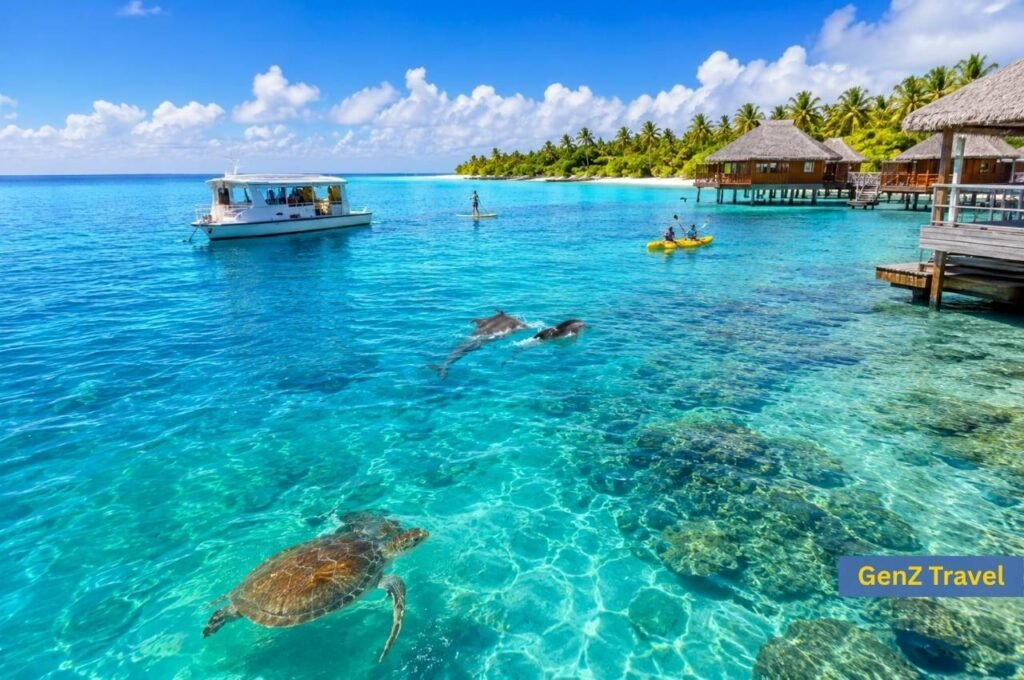Dolphins and a sea turtle swimming near kayakers, a paddleboarder and an excursion boat in the Maldives