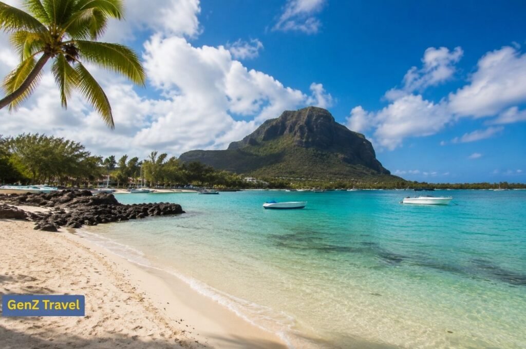 Mauritius beach with Le Morne mountain, turquoise lagoon and boats