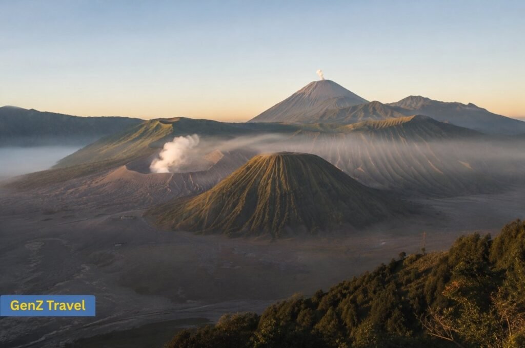 Mount Bromo volcanic landscape and smoking crater at sunrise in East Java