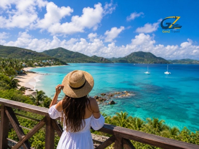 Traveller overlooking a tropical Caribbean bay in a guide to the nearest Caribbean island to UK