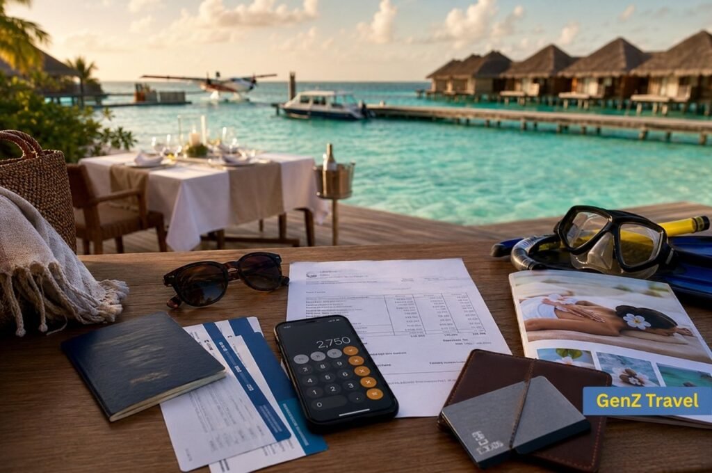 Travel documents, calculator and activity equipment illustrating extra Maldives New Year holiday costs