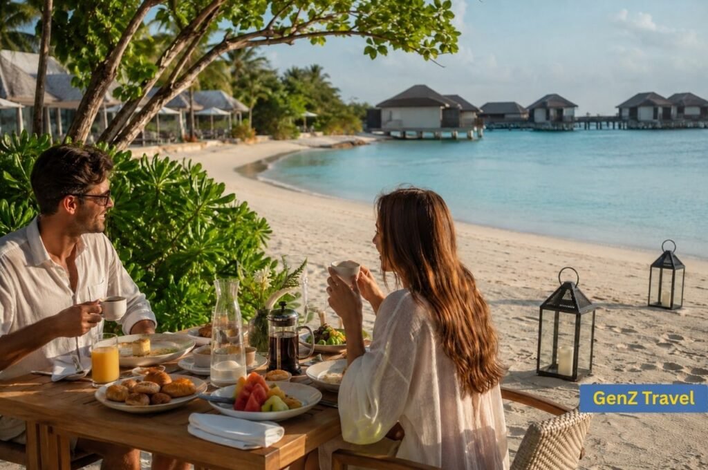 Couple enjoying a beachfront New Year’s Day breakfast overlooking a Maldives lagoon and overwater villas