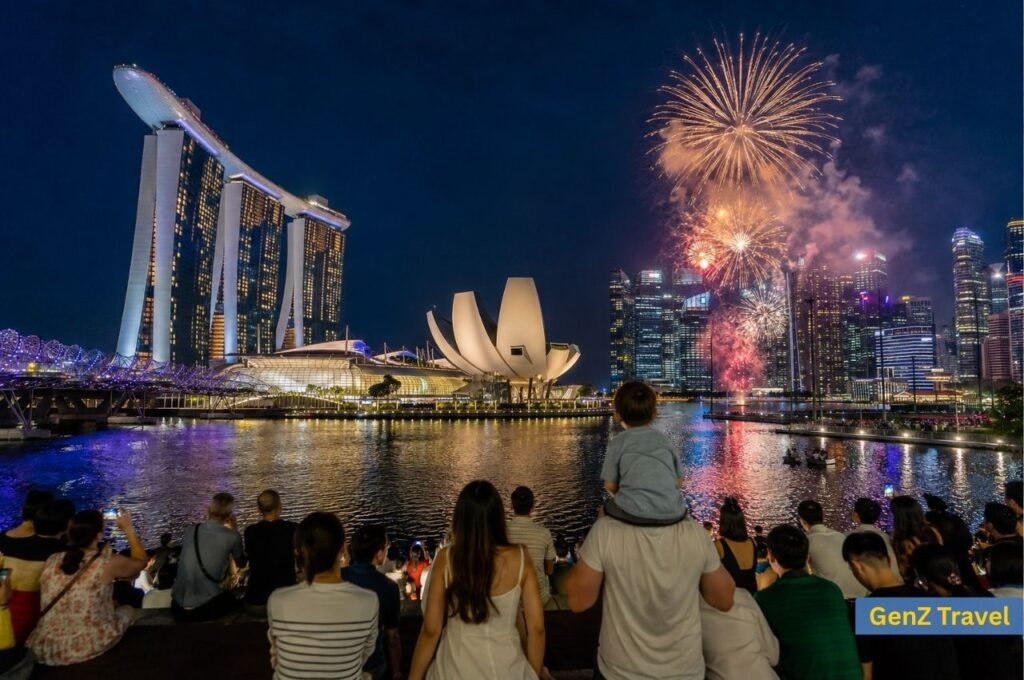 Crowds watching Marina Bay fireworks at a new year celebration in Singapore
