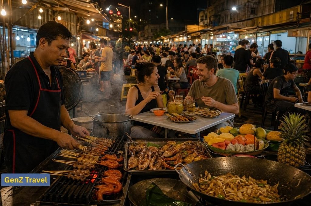 Street-food vendor grilling satay and seafood while travellers dine at a lively Malaysian night market.