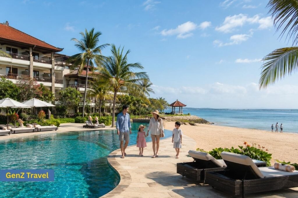 Family walking beside a luxury beachfront resort and pool in Nusa Dua Bali