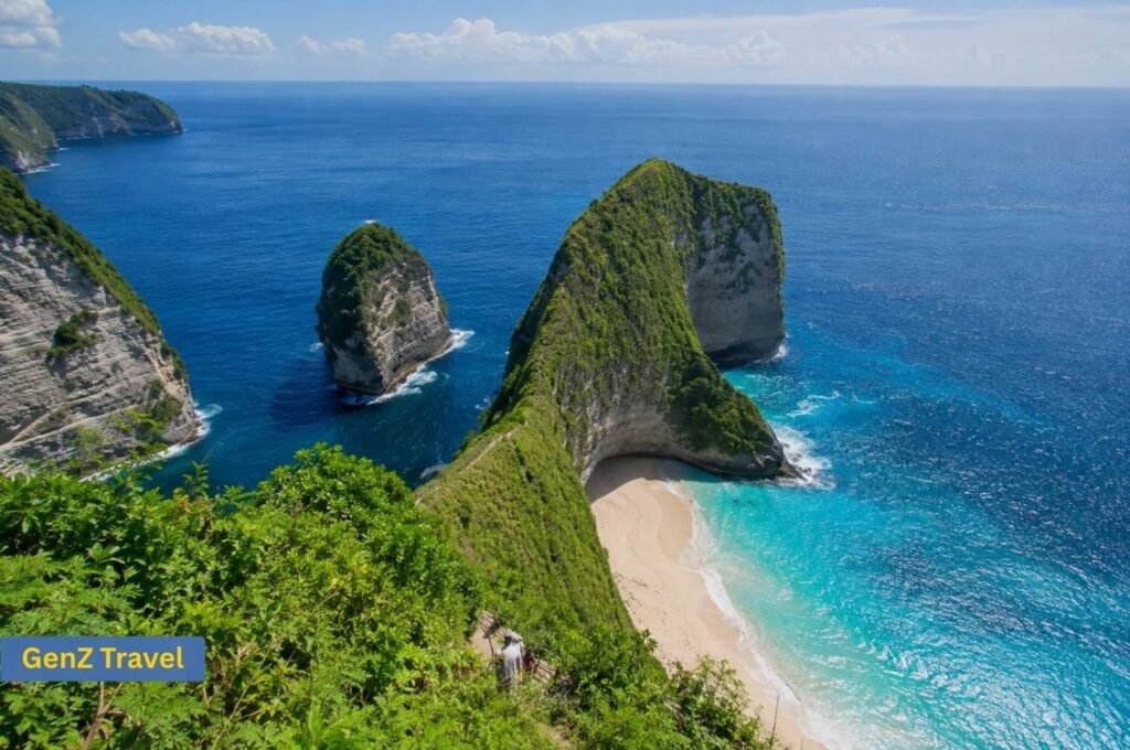 Kelingking Beach and dramatic limestone cliffs on Nusa Penida Indonesia