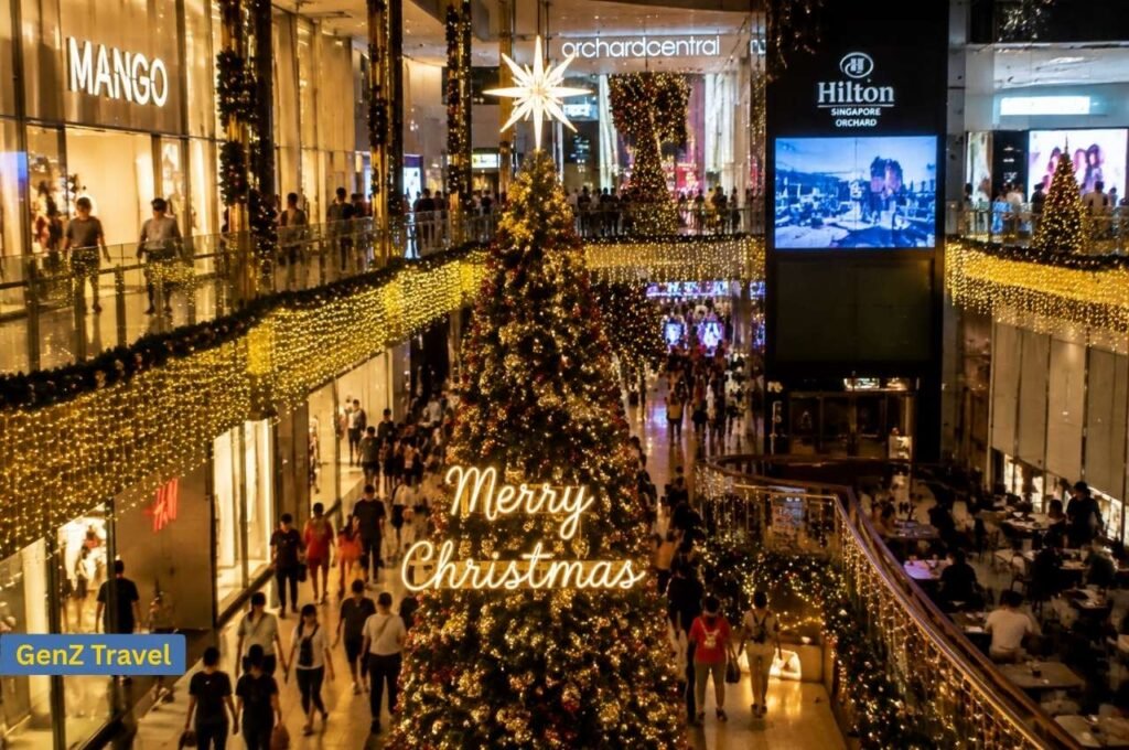 Orchard Road Christmas lights in Singapore with festive shopping malls and decorations