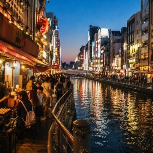 Dotonbori canal in Osaka at night with busy street-food stalls, restaurants and illuminated city buildings