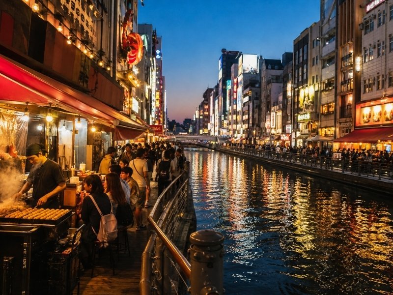 Dotonbori canal in Osaka at night with busy street-food stalls, restaurants and illuminated city buildings