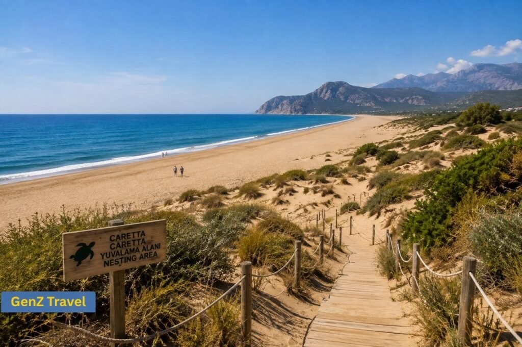 Long sandy Patara Beach with protected turtle nesting dunes, wooden walkway and distant mountains