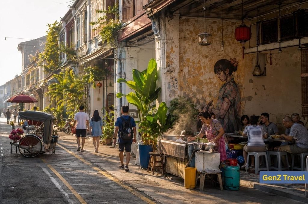Heritage street, food stall and traditional trishaw in George Town, Penang