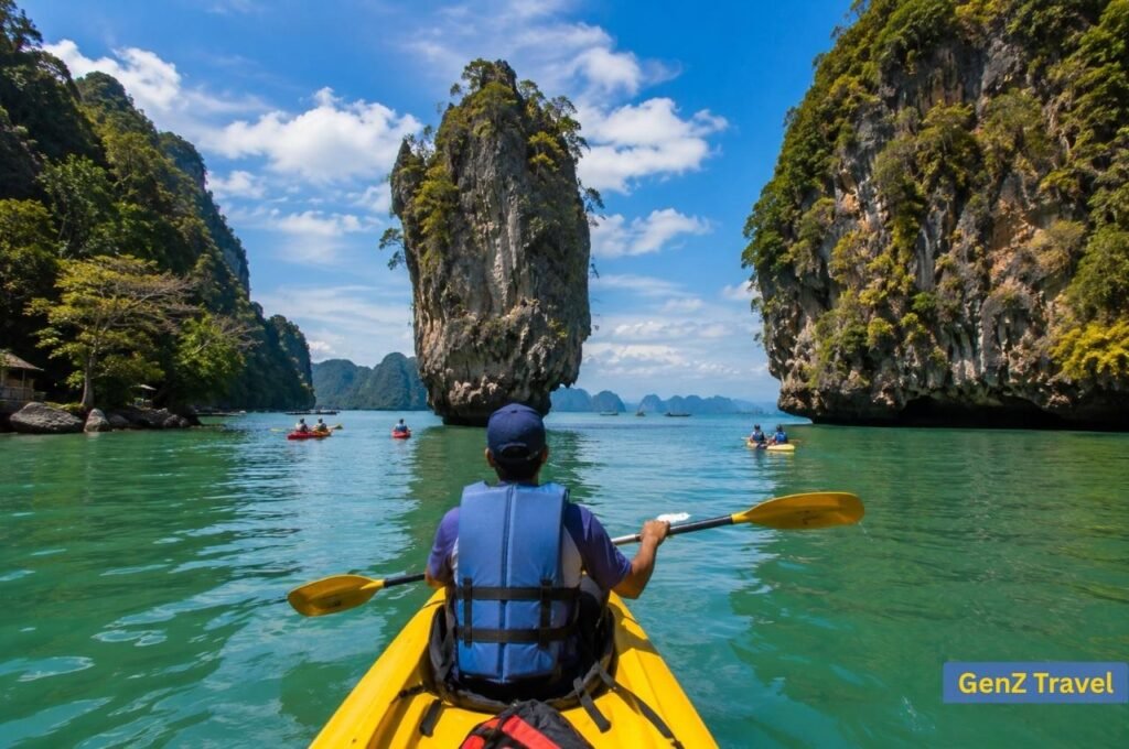 Traveller kayaking through turquoise waters surrounded by limestone cliffs in Phang Nga Bay Thailand