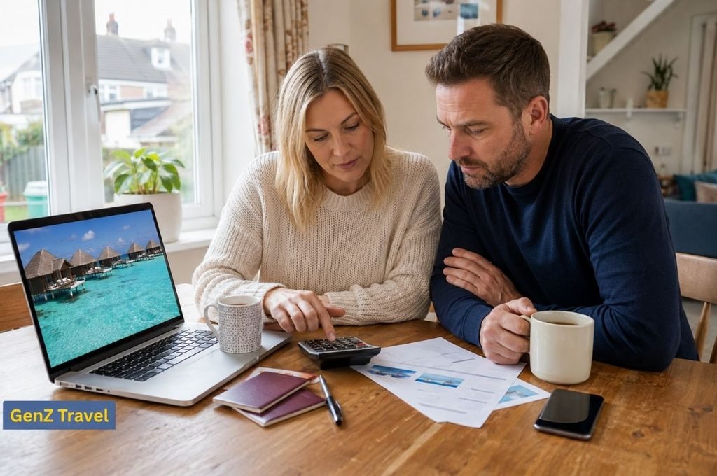 UK couple calculating the cost of a Maldives Christmas holiday using travel documents and a laptop