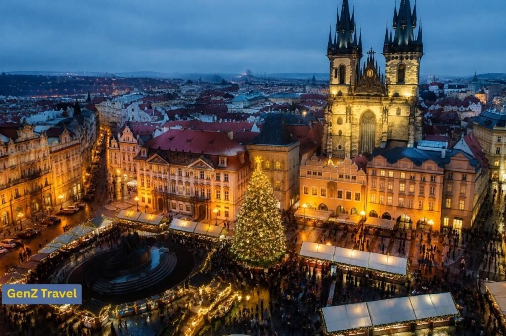 Prague Christmas market with an illuminated tree and historic Old Town architecture