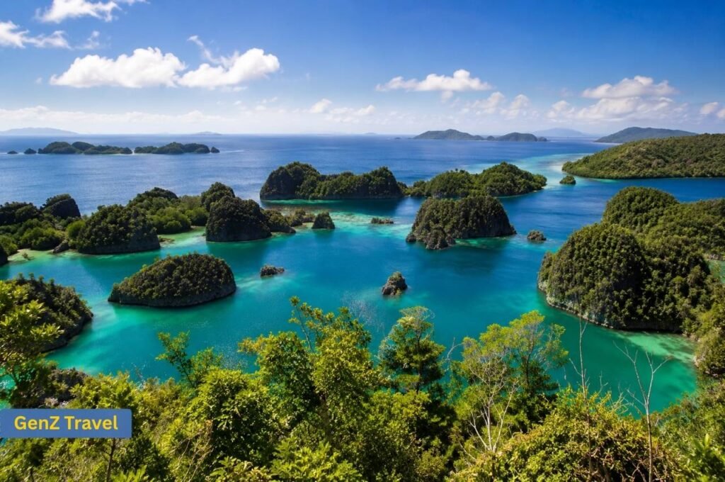 Turquoise lagoons and forest-covered karst islands in Raja Ampat Indonesia