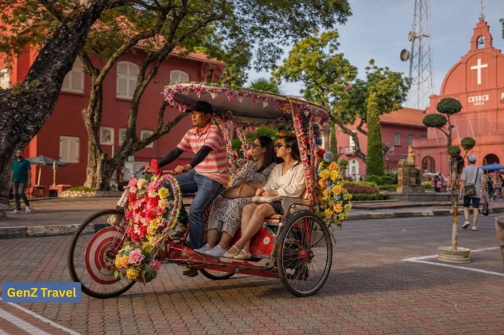 Travellers riding a colourful flower-decorated trishaw through Dutch Square in historic Malacca, Malaysia.