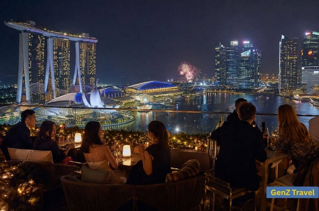 Rooftop party guests overlooking fireworks during New Year’s Eve in Singapore