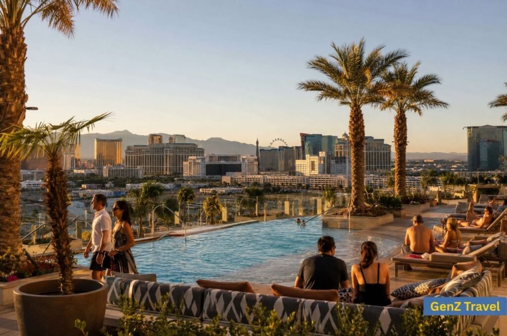 Travellers relaxing beside a rooftop pool overlooking the Las Vegas Strip.