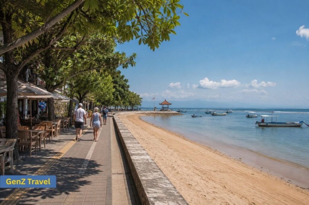Sanur beachfront promenade with calm sea, cafés and traditional boats in Bali