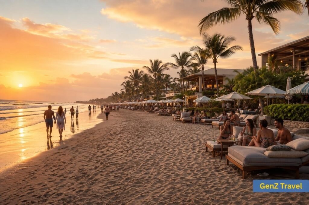 Seminyak Beach at sunset with beach clubs, palm trees and travellers in Bali