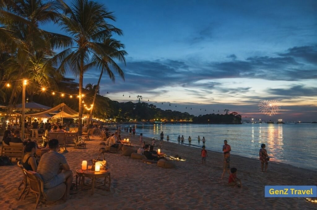 Families enjoying Sentosa beach celebrations with distant New Year fireworks in Singapore