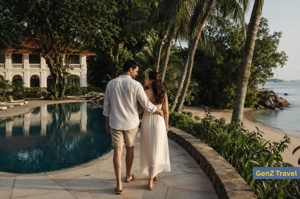 Honeymoon couple walking beside a tropical pool and beach at a romantic Sentosa resort.