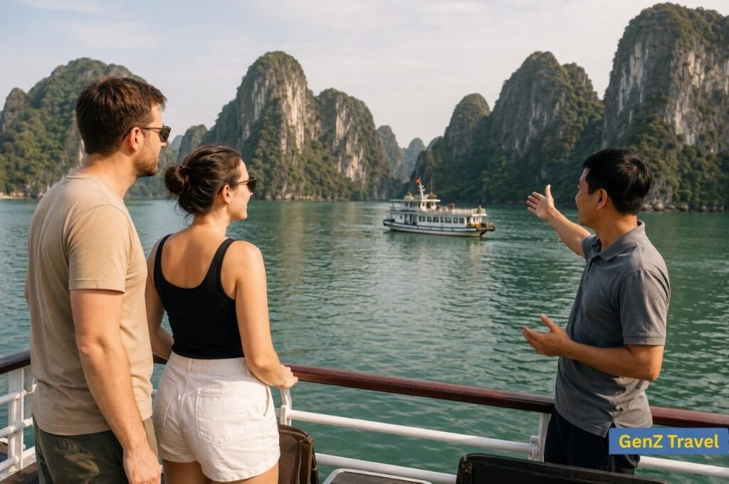 UK couple sightseeing with a local guide on a Ha Long Bay cruise